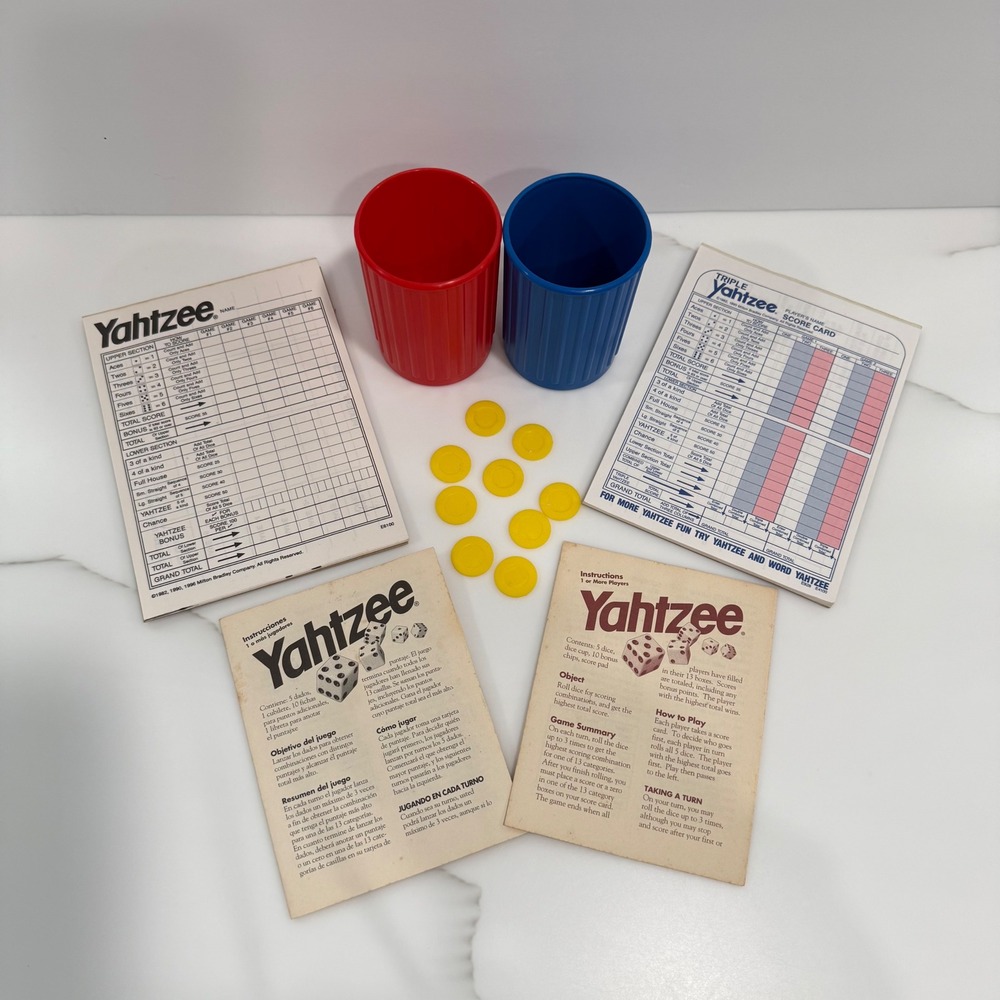 Vintage 1996 MB YAHTZEE Game Red+Blue Dice Cups Chips Score Sheets Instructions‎